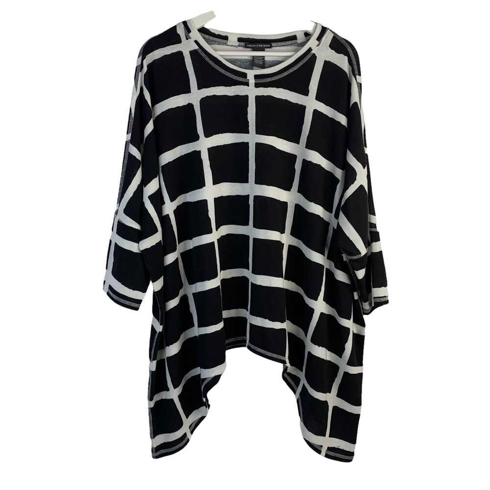 Chelsea & Theodore Sz L Top Black Windowpane Shark Bite Dolman Sleeve Oversized